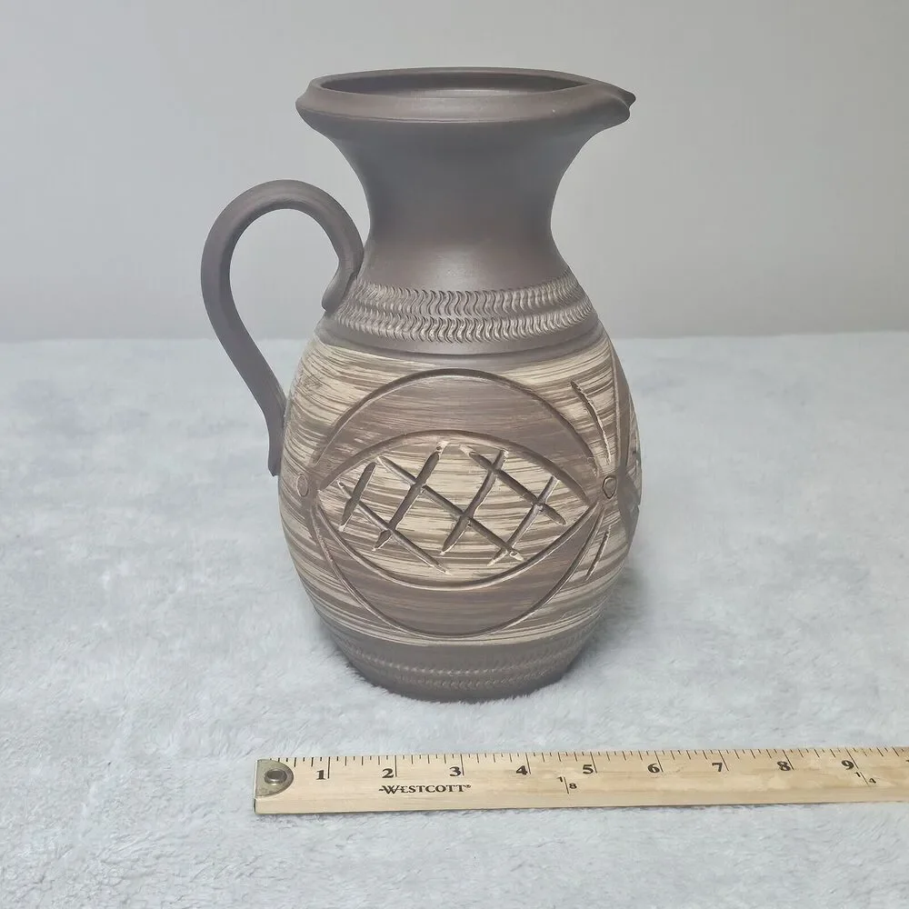 German Stoneware Vase jug Carved Marked Handarbeit Handmade Vintage